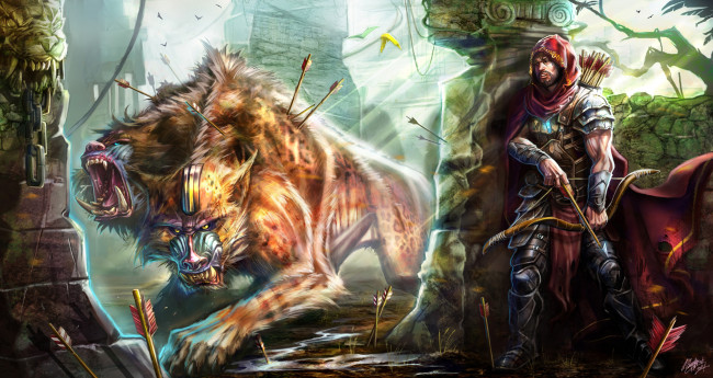 Обои картинки фото фэнтези, люди, воин, лучник, руины, монстр, чудовище, стрелы