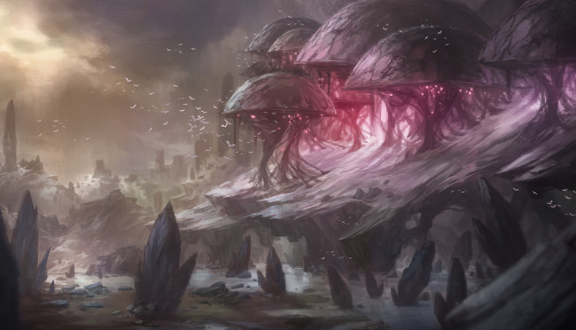 Обои картинки фото фэнтези, иные миры,  иные времена, мир, планета, чужая, грибы, иной, скалы