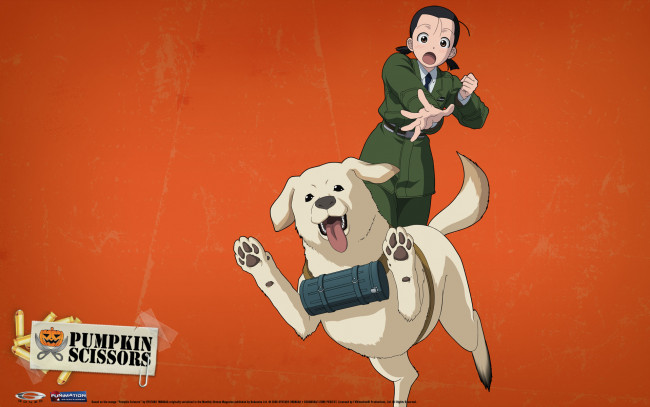 Обои картинки фото аниме, pumpkin scissors, pumpkin, scissors, девушка, крик, собака, пес, форма