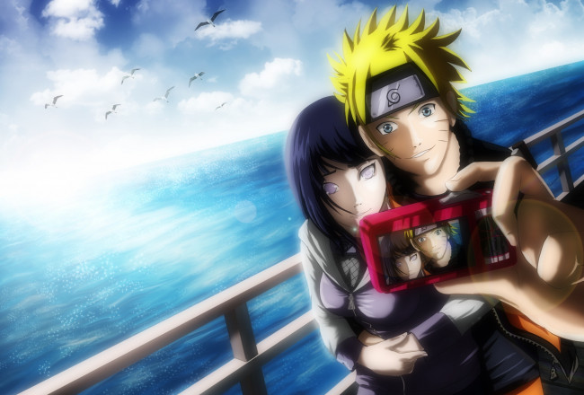 Обои картинки фото аниме, naruto, наруто, любовь, фото, телефон, хината, море