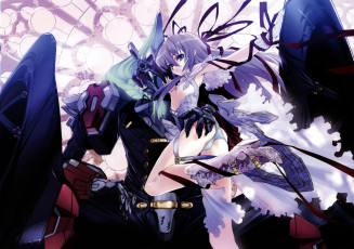 обоя аниме, demonbane, choco, al, azif, девушка, лента, робот, мужчина, доспехи