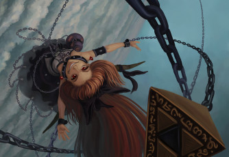 Картинка аниме touhou цепи взгляд девушка оружие пирамида облака небо