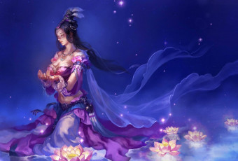 Картинка фэнтези девушки арт фантастика девушка ночь звёзды лотос цветы ветер тишина