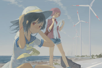 Картинка аниме unknown +другое gensou kuro usagi девушки арт school idol project love live yazawa nico nishikino maki побережье ветровики шляпа