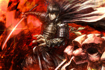 Картинка аниме оружие +техника +технологии парень меч арт злость взгляд gibagiba touken ranbu шрам