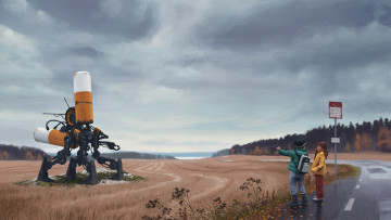 Картинка фэнтези роботы +киборги +механизмы механоид будущее шоссе робот дети