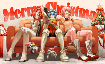 Картинка аниме зима +новый+год +рождество flcl neon genesis evangelion tengen toppa gurren lagann ayanami rei haruhara haruko yoko littner kirii девушки диван костюм елка мешок подарки пингвин свинья робот