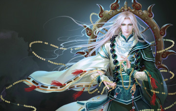 Картинка фэнтези люди арт парень магия бусы зелёные глаза взгляд волосы кимоно