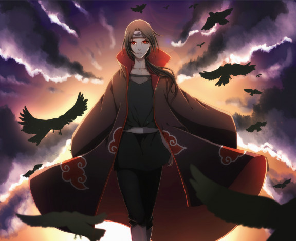 Обои картинки фото аниме, naruto, облака, вороны, птицы, uchiha, itachi, art