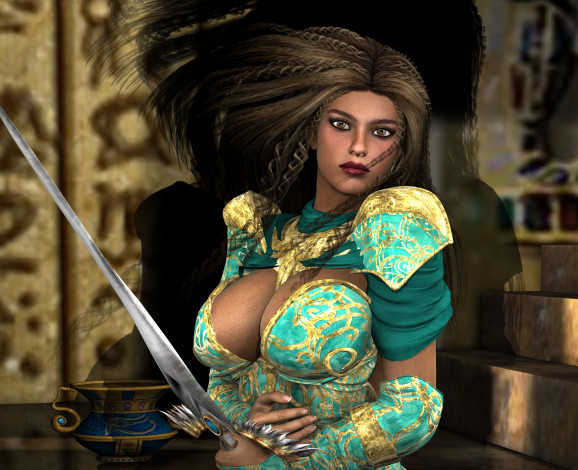 Обои картинки фото 3д графика, фантазия , fantasy, взгляд, меч, фон, девушка