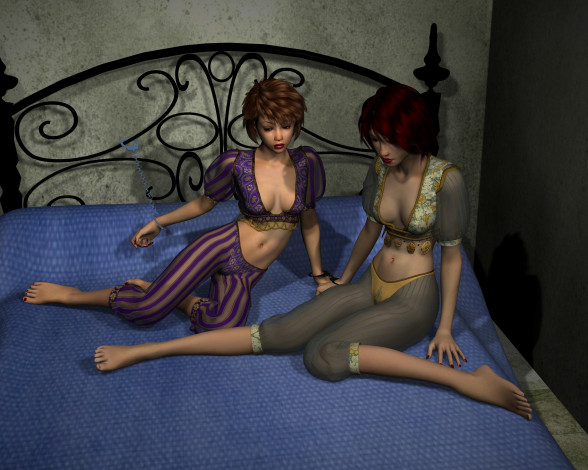 Обои картинки фото 3д графика, люди , people, девушки, кровать, фон, взгляд