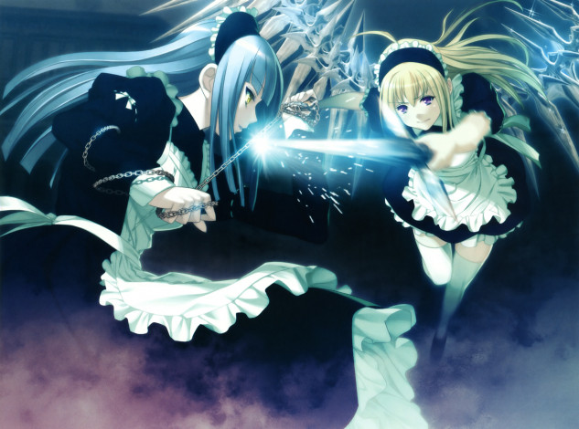 Обои картинки фото аниме, gekkou no carnevale, anna, perla, oosaki, shinya, девушка, горничная, крылья, оужие, сражение, цепь, клинок