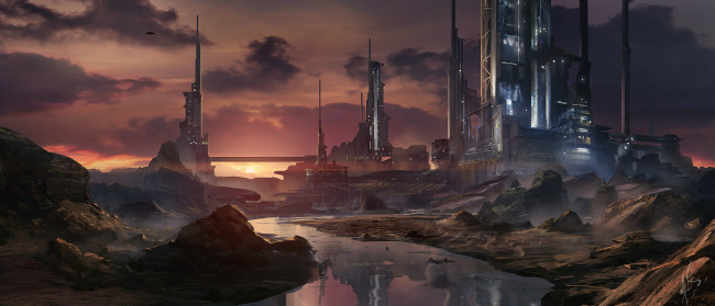 Обои картинки фото фэнтези, иные миры,  иные времена, башни, закат, река, город