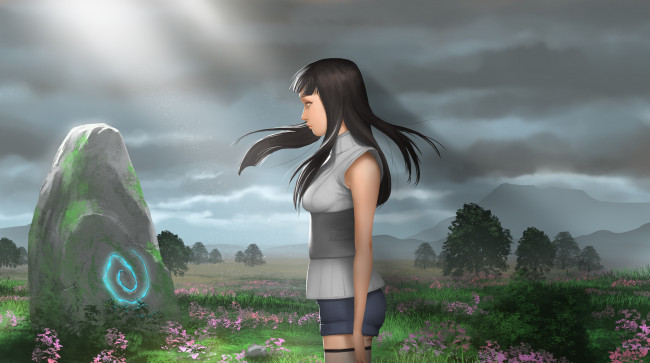 Обои картинки фото аниме, naruto, renzzero, art, символ, грусть, полеб, камень, hinata