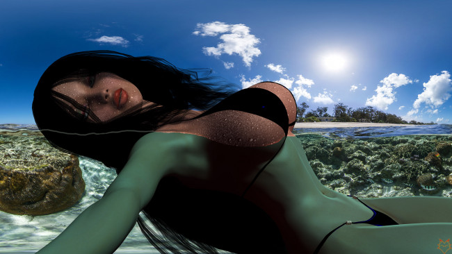 Обои картинки фото 3д графика, люди , people, фон, взгляд, вода, девушка