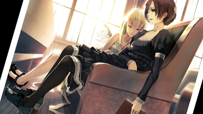 Обои картинки фото аниме, dogs,  bullets & carnage, miwa, shirow, fuyumine, naoto, nill, ark, девушки, церковь, скамья, платье, крылья, книга, окно, свет