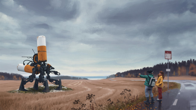 Обои картинки фото фэнтези, роботы,  киборги,  механизмы, механоид, будущее, шоссе, робот, дети