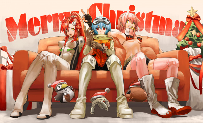 Обои картинки фото аниме, зима,  новый год,  рождество, flcl, neon, genesis, evangelion, tengen, toppa, gurren, lagann, ayanami, rei, haruhara, haruko, yoko, littner, kirii, девушки, диван, костюм, елка, мешок, подарки, пингвин, свинья, робот