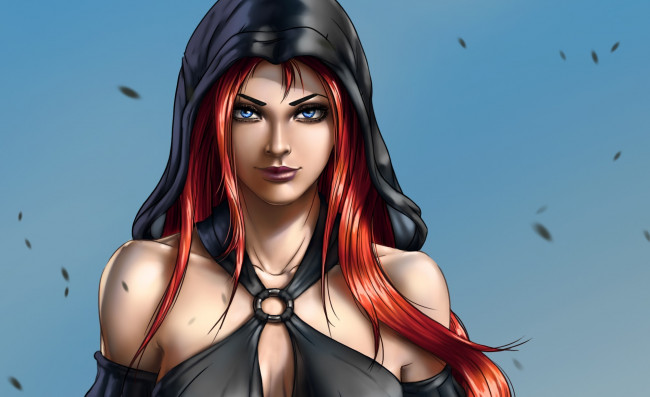 Обои картинки фото фэнтези, девушки, рыжая, фон, капюшон, девушка