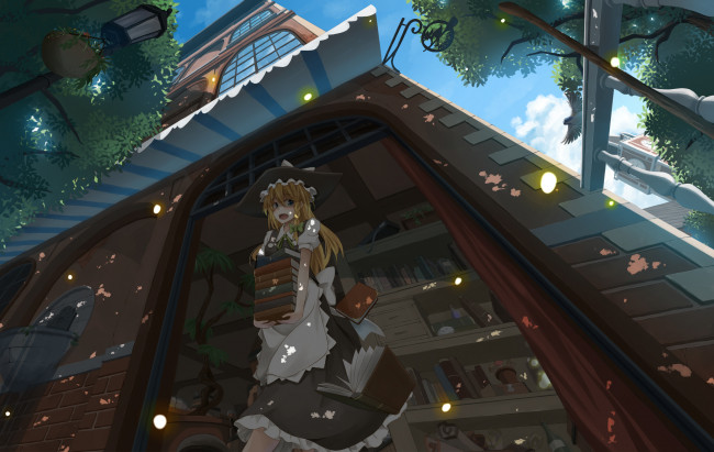 Обои картинки фото аниме, touhou, flask, девушка, дом, pandora, kirisame, marisa