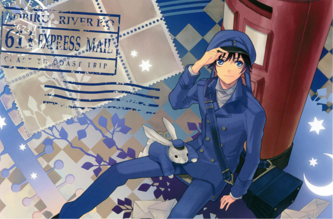 Обои картинки фото аниме, животные,  существа, кролик, униформа, почта, парень