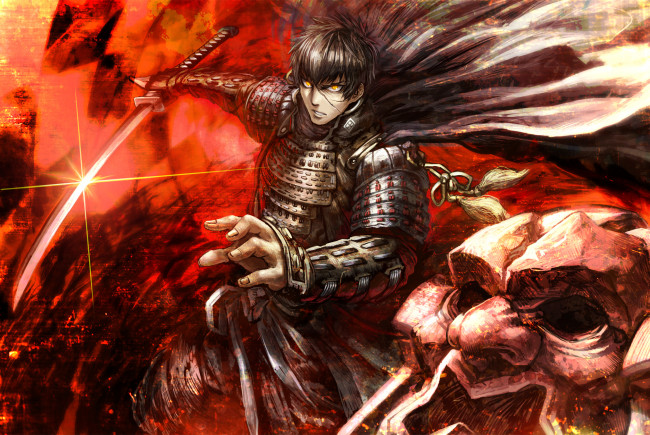 Обои картинки фото аниме, оружие,  техника,  технологии, парень, меч, арт, злость, взгляд, gibagiba, touken, ranbu, шрам