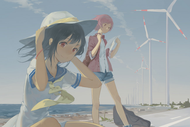 Обои картинки фото аниме, unknown,  другое, gensou, kuro, usagi, девушки, арт, school, idol, project, love, live, yazawa, nico, nishikino, maki, побережье, ветровики, шляпа