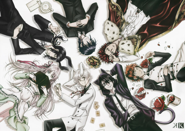 Обои картинки фото аниме, k project, mikoto, suoh, saruhiko, fushimi, misaki, yata, munakata, reisi, neko, yatogami, kuroh, yashiro, isana, девушка, мужчина, хвост, ушки, книга, корона, чайник, карты, краска, розы, цветы, плащ, страна, чудес, wonderland