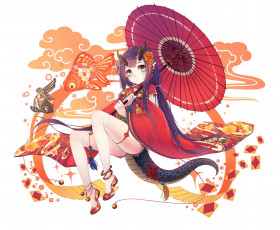 Картинка аниме животные +существа зонтик фон взгляд девушка