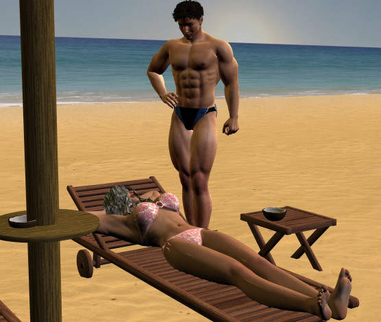 Обои картинки фото 3д графика, люди , people, шезлонг, пляж, парень, фон, взгляд, девушка