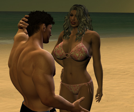 Обои картинки фото 3д графика, люди , people, парень, фон, взгляд, девушка, пляж