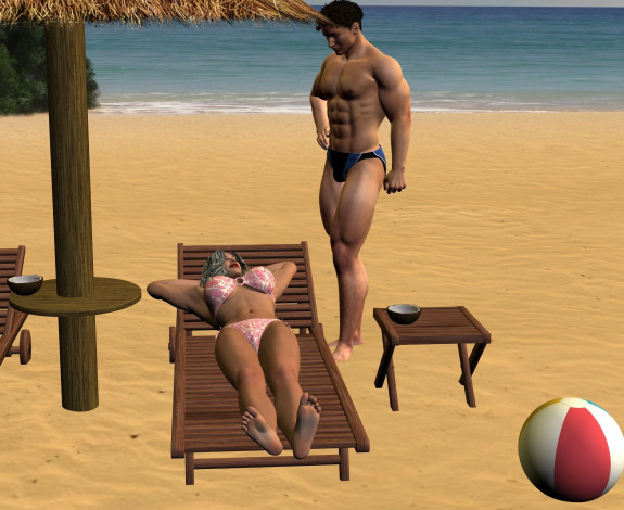 Обои картинки фото 3д графика, люди , people, фон, взгляд, девушка, шезлонг, пляж, парень