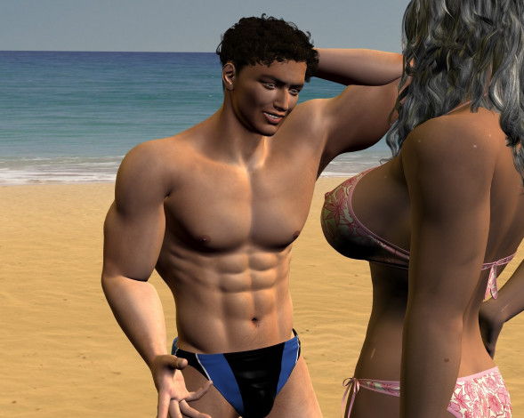 Обои картинки фото 3д графика, люди , people, пляж, парень, фон, взгляд, девушка