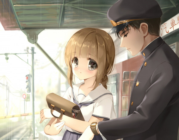 Обои картинки фото автор,  siloteddy, аниме, город,  улицы,  здания, часы, парень, девушка, арт