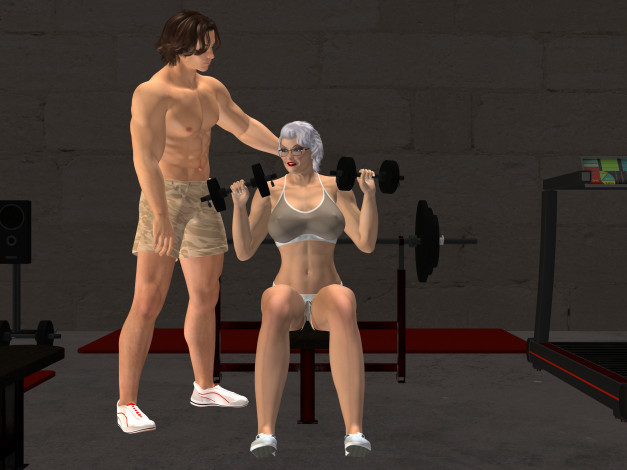 Обои картинки фото 3д графика, люди , people, взгляд, гантели, парень, девушка, фон