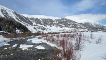 Картинка природа реки озера река снег облака лес горы