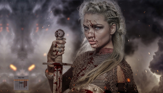 Обои картинки фото календари, фэнтези, взгляд, 2018, оружие, рана