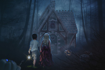 Картинка фэнтези фотоарт мальчик девочка фон фонарь дом тыква