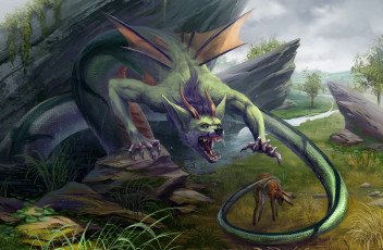 Картинка фэнтези существа обед страшилище крылья хвост заяц пища дракон монстр существо охота чудовище