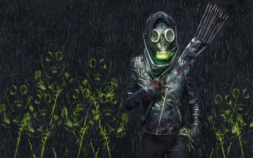 Картинка фэнтези фотоарт куртка стрелы кровь противогаз девушка