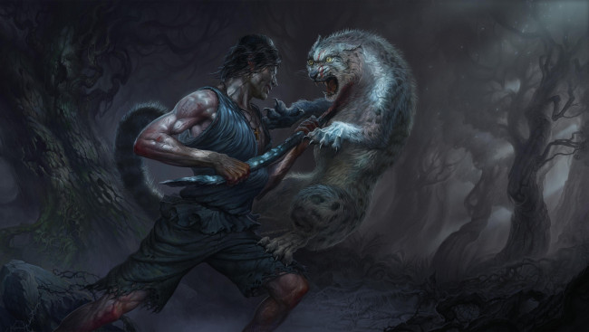 Обои картинки фото фэнтези, люди, мужчина, человек, битва, сражение, нападение, барс, кошка, животное, хищник, лес, когти, пасть