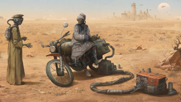 Картинка фэнтези роботы +киборги +механизмы мотоцикл пустошь