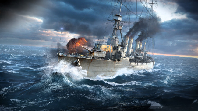 Обои картинки фото видео игры, world of warships, крейсер, корабль, стрельба, море, тучи