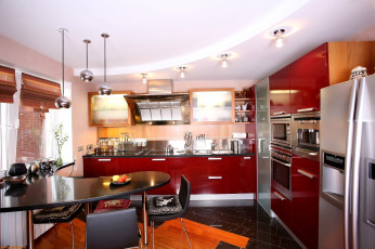 Картинка интерьер кухня стол холодильник плита