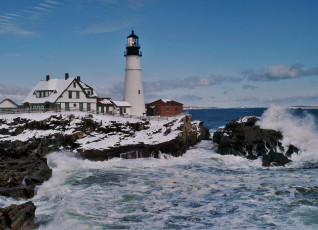 Картинка portland head light природа маяки cape elizabeth залив побережье скалы прибой