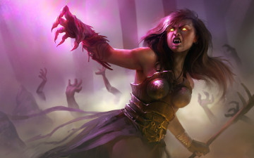 Картинка фэнтези существа когти клыки туман доспехи горящие глаза