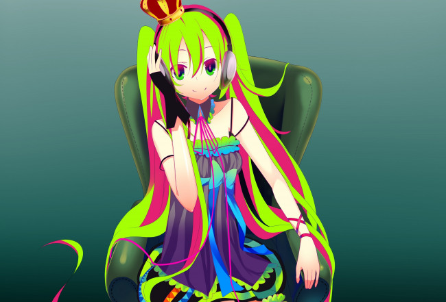 Обои картинки фото аниме, vocaloid, девушка, наушники, корона, hatsune, miku