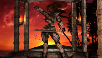 Картинка 3д+графика amazon+ амазонки закат огонь оружие девушка