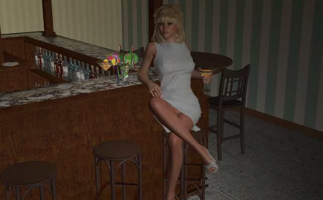 Обои картинки фото 3д графика, people , люди, напитки, стойка, бар, взгляд, девушка