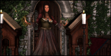 Картинка 3д+графика фантазия+ fantasy свечи фон взгляд девушка книги склеп